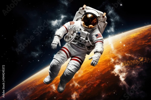 Astronaut floating outside a spaceship in outer space. Man in protective helmet and suit. Cosmos discovering. Science fiction, space travel and exploration concept. World Space Week. Sci-fi background