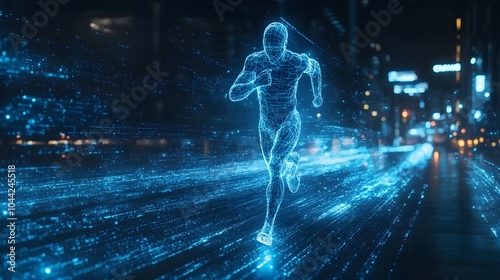 Cybernetic runner in motion, blue wireframe hologram effect, glowing from within, high-tech urban setting, surrounded by virtual data streams