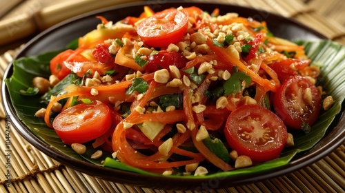 Delicious Thai Papaya Salad with Cherry Tomatoes, Peanuts, and Fresh Herbs on Banana Leaf - Vibrant Vegan Dish Celebrating Southeast Asian Flavors and Textures