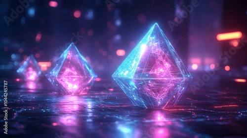 Floating polyhedral shapes, illuminated with neon blue and pink, dark cybernetic background, holographic wireframe, sci-fi, vibrant lights, digital art, 3D model