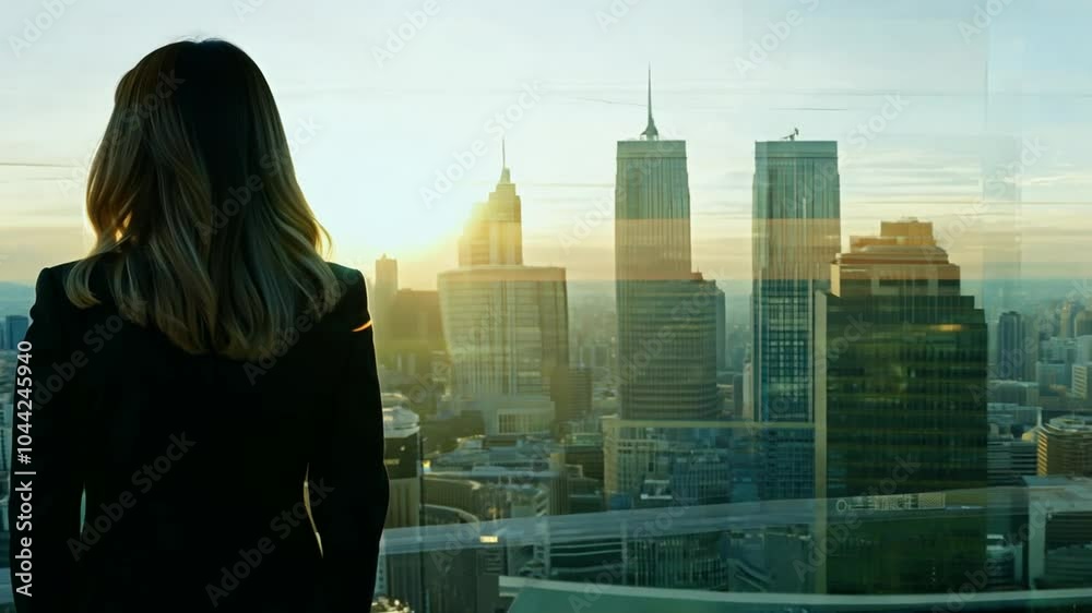 view out looking businesswoman woman downtown window Business city high-rises big modern Successful alone standing office leadership forward investor person executive strong building female success j