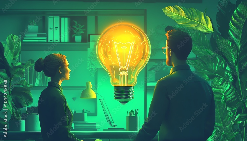 Vibrant scene of two colleagues in a green office, with a glowing light bulb as a focal point, representing innovation in sustainable finance Vibrant scene of two colleagues in a green office, with a glowing light bulb as a focal point, representing innovation in sustainable finance