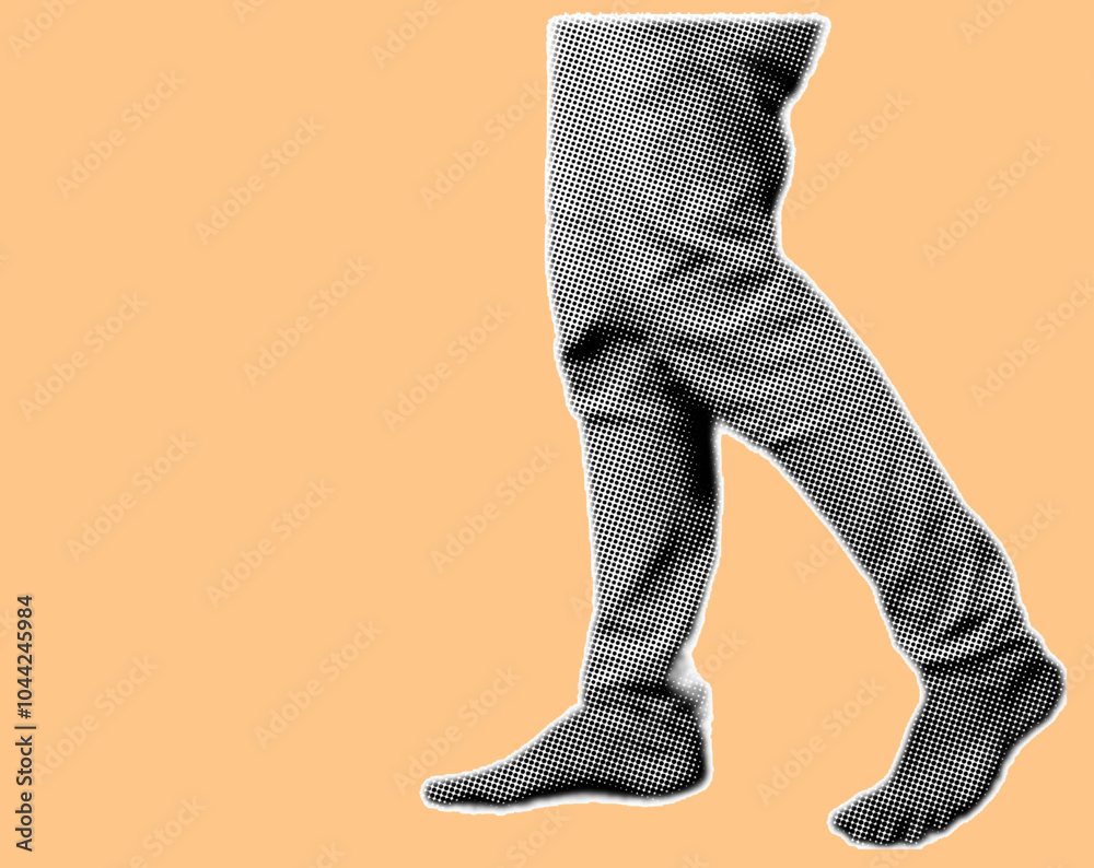 Close up side view of foot walking pixelate color halftone dotted texture style collage element isolated on orange background