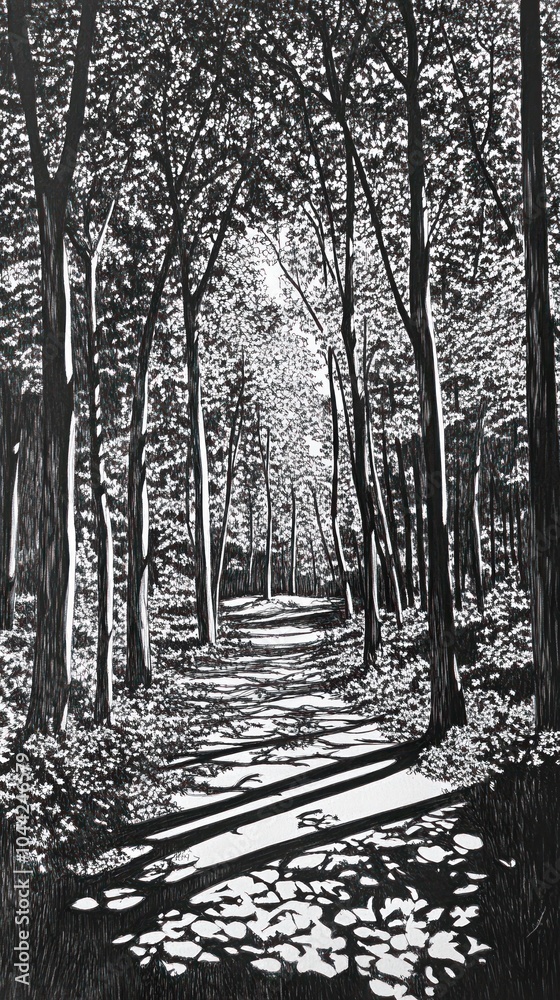 Fototapeta A black and white illustration of a path leading through a dense forest. The path is lined with tall trees on either side, creating a tunnel of light.