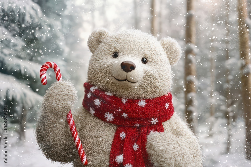 Festive Christmas bear with a red scarf and mittens, holding a candy cane in a snowy forest Festive Christmas bear with a red scarf and mittens, holding a candy cane in a snowy forest