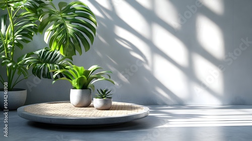 Minimalist design featuring tropical leaves over a smooth grey table, shadows falling gracefully on the white backdrop, creating a natural, calming vibe