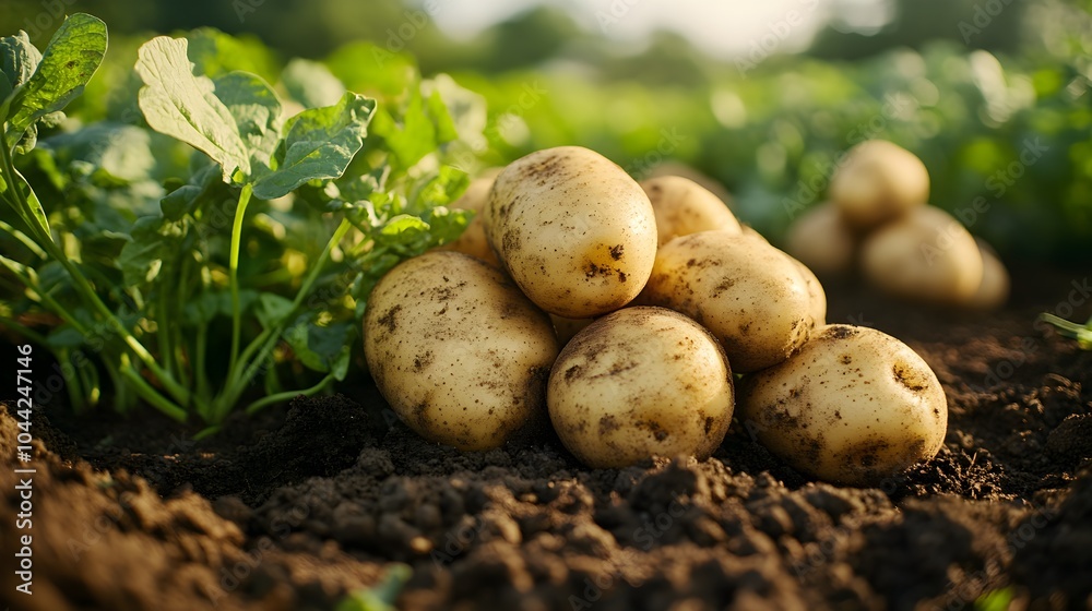 Ripe potatoes in a rustic field, natural lighting highlighting each potato, detailed dirt clumps and roots visible, organic produce, rural farming Ripe potatoes in a rustic field, natural lighting highlighting each potato, detailed dirt clumps and roots visible, organic produce, rural farming
