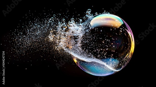 Abstract view of a soap bubble bursting mid-air, with tiny droplets and light scattering across a dark background. Soap bubble, dynamic, dark background