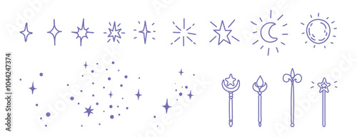 Set of fairy elements, magic dust, stars and wands in hand drawn childish doodle style