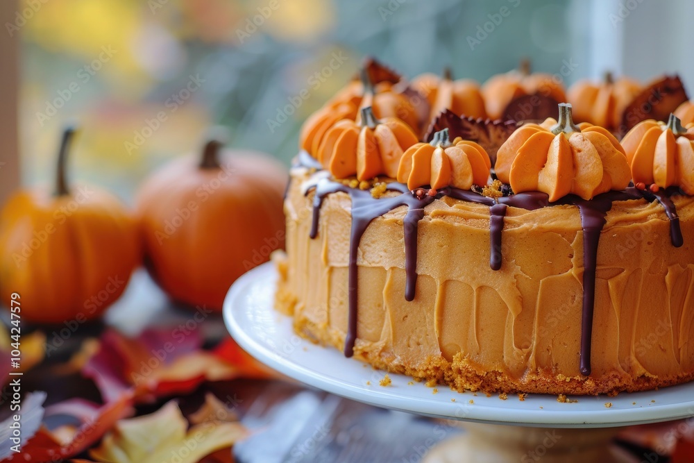 pumpkin-themed cake with chocolate drizzle and mini pumpkin decorations on top pumpkin-themed cake with chocolate drizzle and mini pumpkin decorations on top