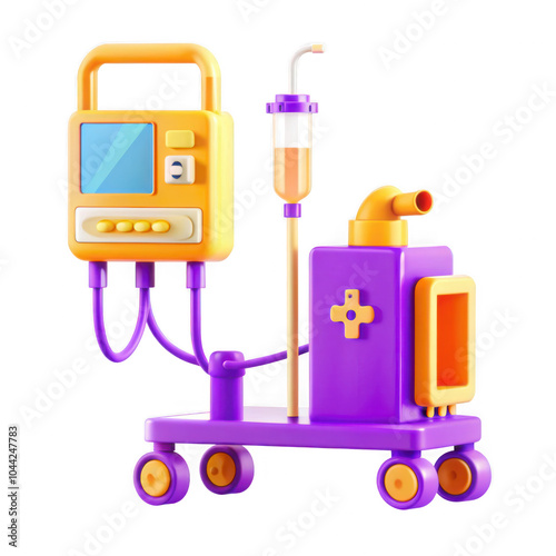 A vibrant, 3D-rendered medical equipment showcasing an IV drip and infusion pump on a wheeled cart, highlighting a playful design.