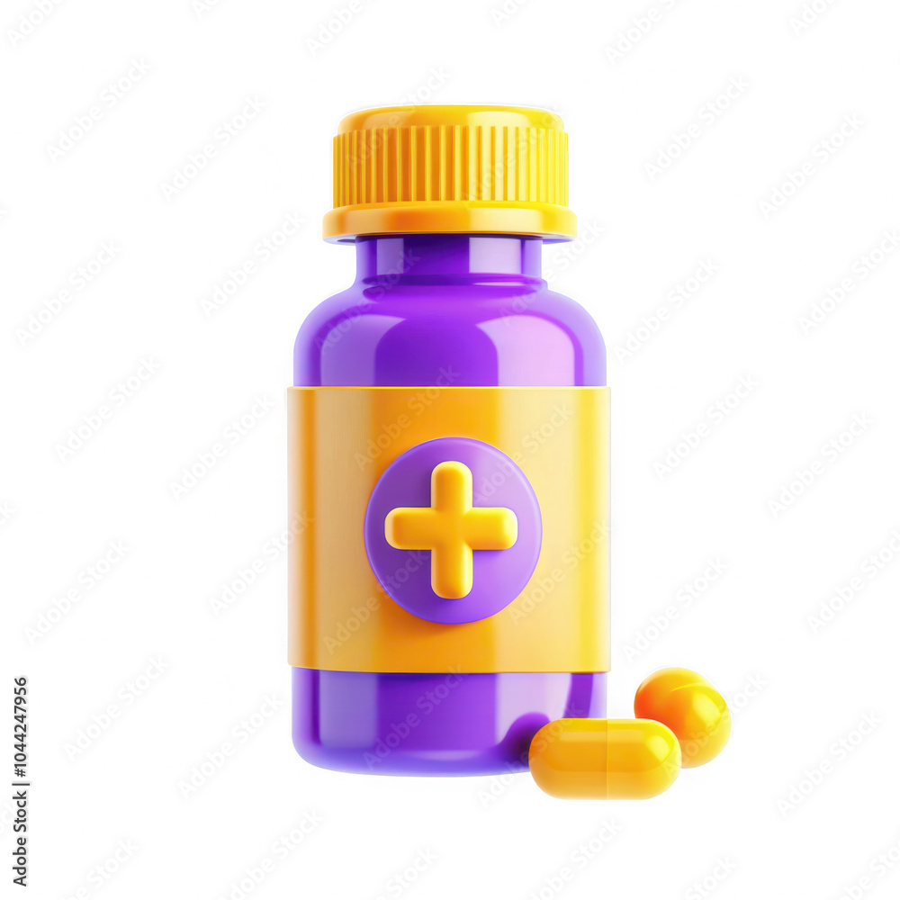 Obraz premium A vibrant purple medicine bottle with a yellow cap and a plus sign, accompanied by yellow capsules. It looks modern and is ideal for health-related graphics.