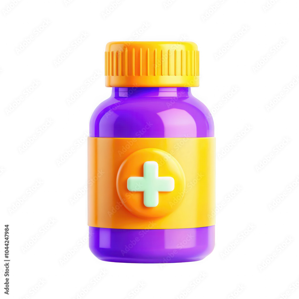 Fototapeta premium A vibrant 3D render of a medicine bottle featuring bright orange and purple colors with a green cross emblem. Ideal for health-related themes.