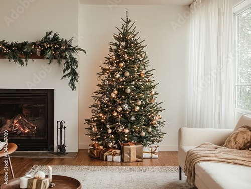 A modern Christmas setup with a sleek tree, minimalist decorations, and a stylish holiday ambiance