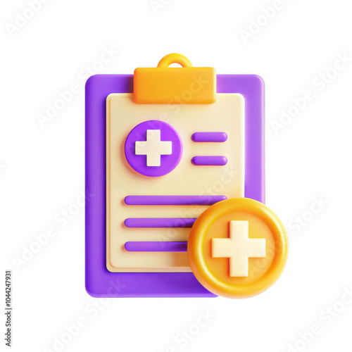 A vibrant 3D icon representing a medical document with a cross and a badge, symbolizing health and care services. photo