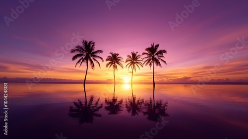 Palm tree silhouettes at sunrise, the sky painted in deep purples and golds, reflections shimmering across the ocean surface, serene and tranquil