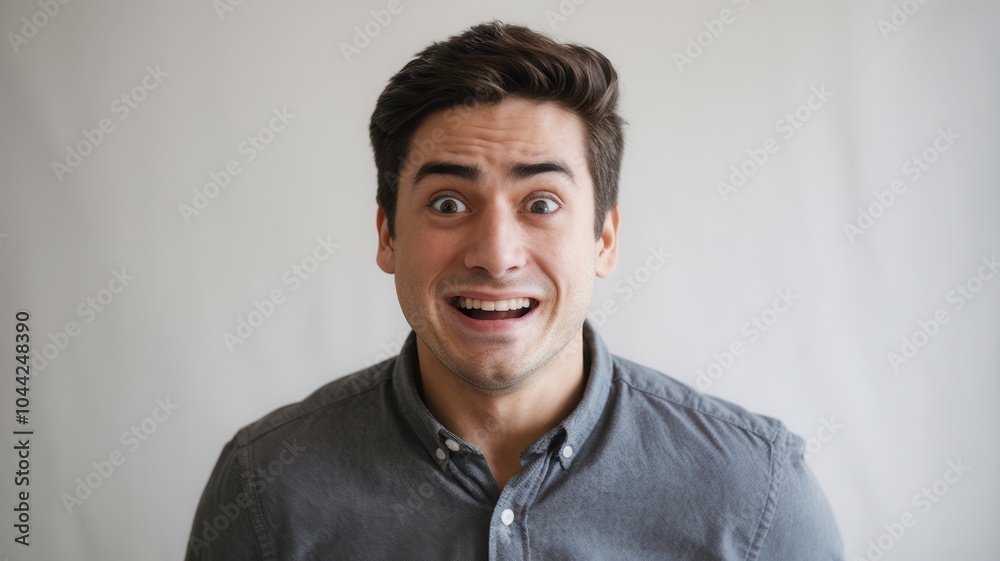 Young man with pleasantly shocked expression in casual attire Young man with pleasantly shocked expression in casual attire