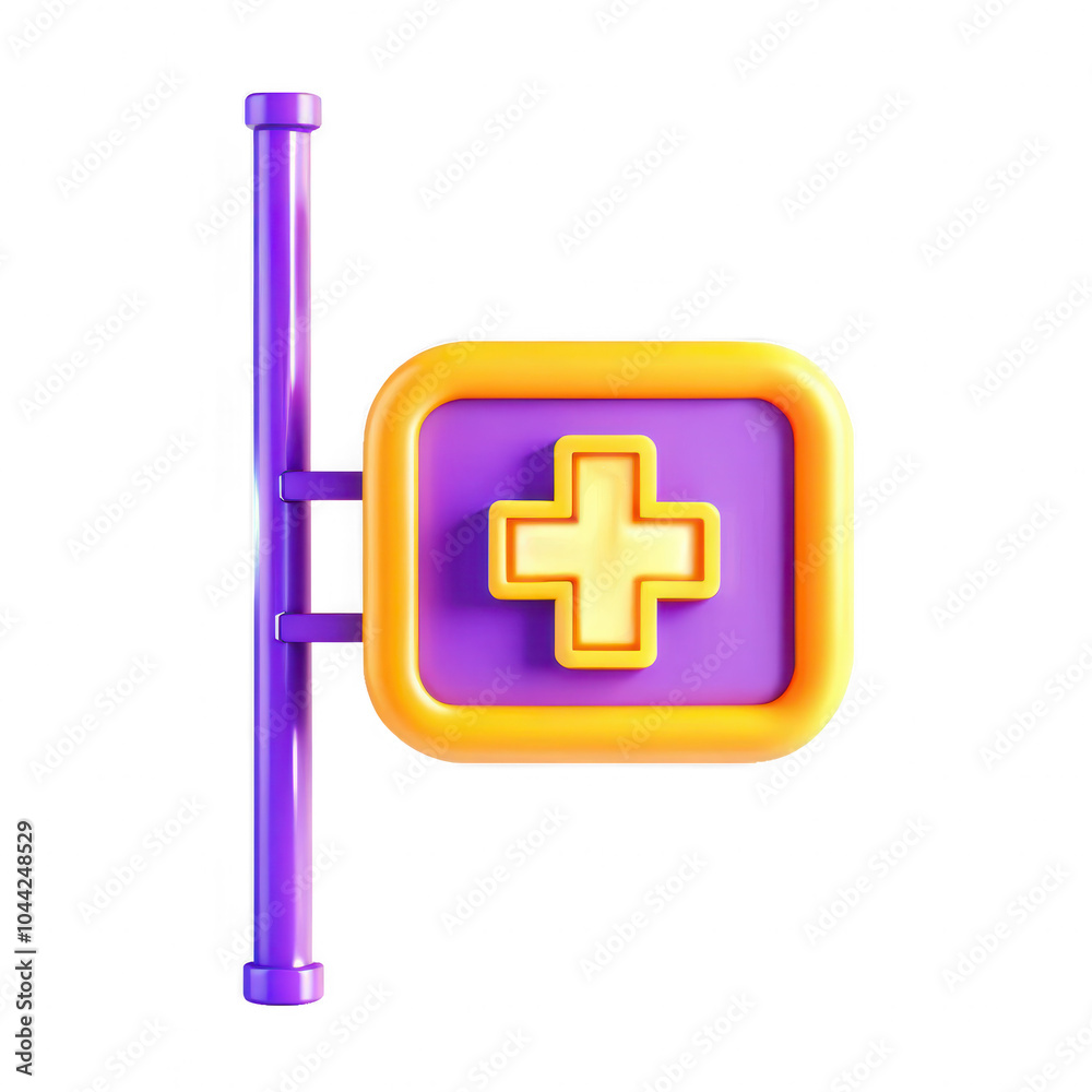 Fototapeta premium A colorful 3D render of a medical sign featuring a plus symbol, designed with vibrant purple and orange colors. Perfect for healthcare themes.