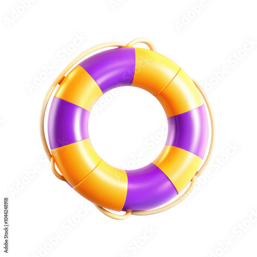 A vibrant lifebuoy rendered in purple and orange colors, ideal for water safety and rescue. It stands isolated against a dark background. photo