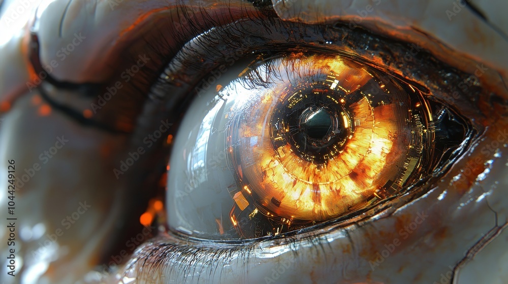 A medical exploration of a cyborg eye, showing inflamed eyelid, dilated ...