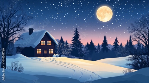 christmas greeting card illustration with snowy forest and moon