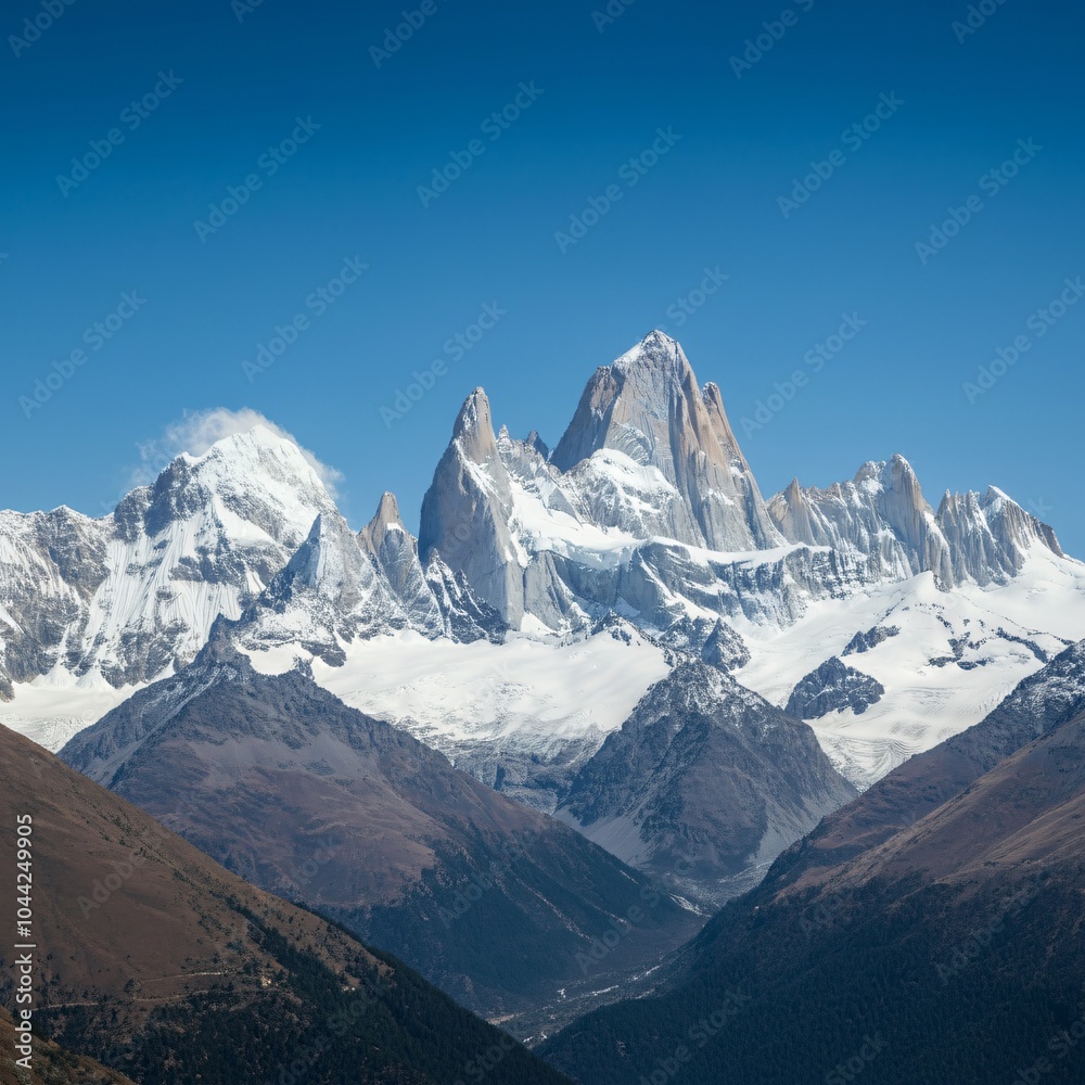Obraz premium Majestic mountain range with snow-capped peaks under a clear sky