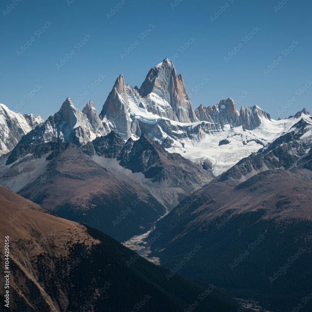 Obraz premium Majestic mountain range with snow-capped peaks under a clear sky