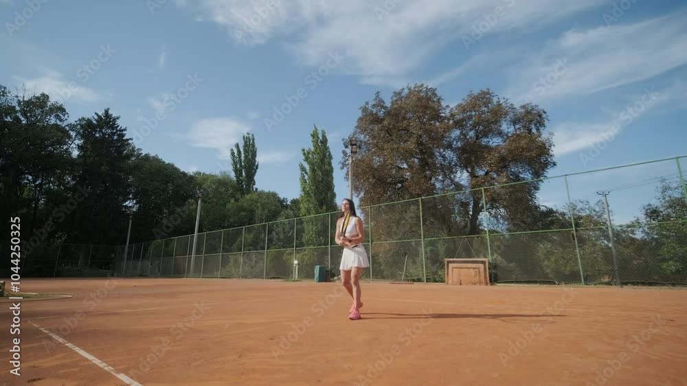 Female Tennis Player Practicing Serve on Outdoor Court