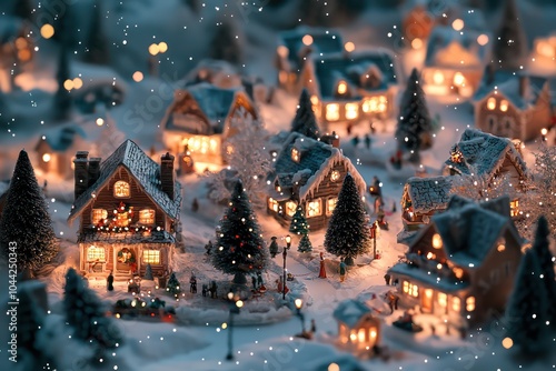 A snowy village with brightly lit Christmas houses and cheerful townsfolk celebrating the season