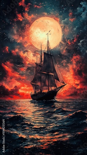 Sailing into the Crimson Moon: A Dramatic Seascape