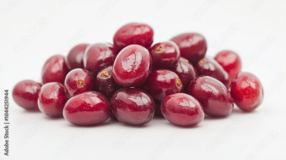 Pile of barberry fruits on white background showcasing shiny red surface Pile of barberry fruits on white background showcasing shiny red surface