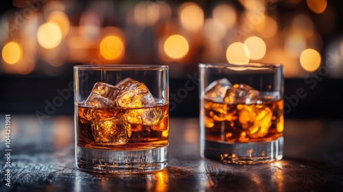 Whiskey with ice cubes in two glasses, glowing against a dimly lit bar background, warm hues of amber highlighting the drink's richness and flavor