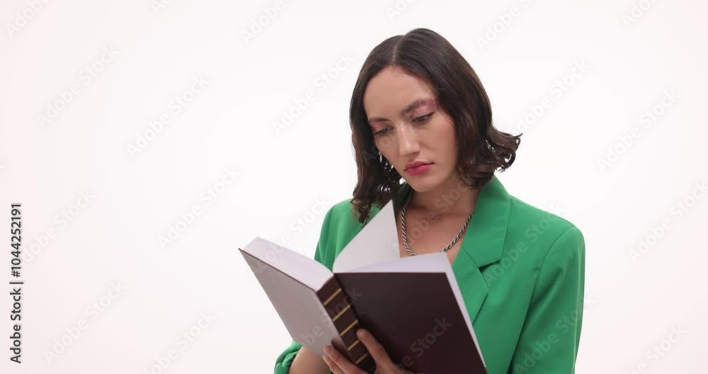 Focused woman in green blazer reads thick book on white background. Young brunette female searches for important information in thick book Focused woman in green blazer reads thick book on white background. Young brunette female searches for important information in thick book