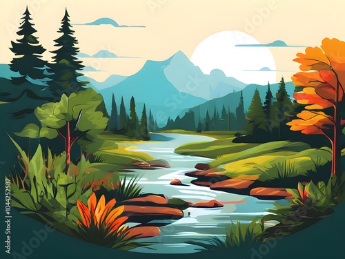 Vector art style landscape. Sunset in mountains	