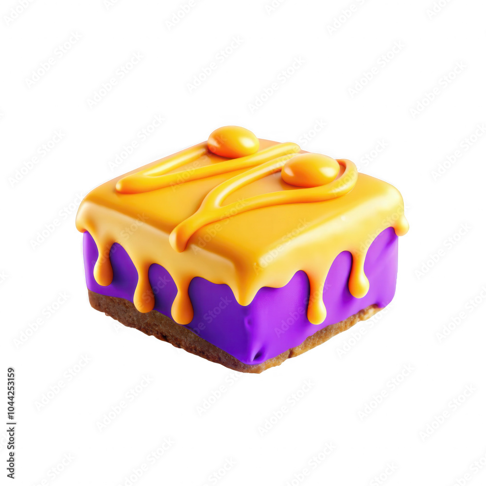 A vibrant square dessert featuring purple and yellow frosting with drips and decorative swirls on top, highlighting its artistic presentation.