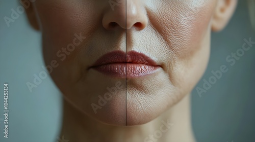 Close-up facial skin comparison of a patient pre- and post-facelift, showcasing wrinkle reduction and enhanced jawline, Realistic Style, Clean Background photo