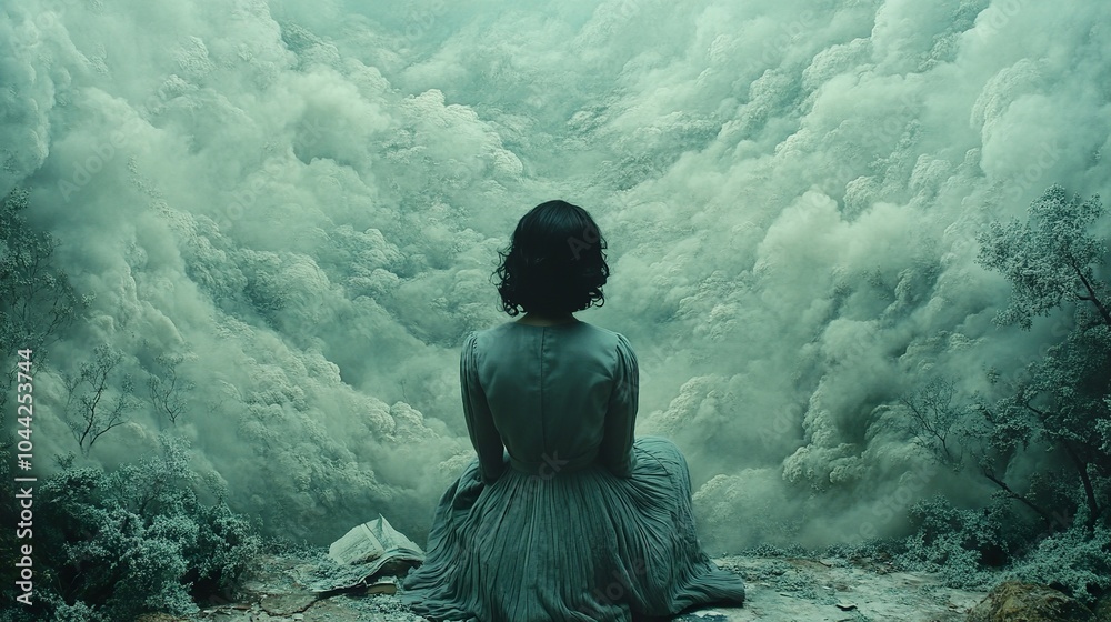 Obraz premium Woman Contemplating the Misty Forest Landscape