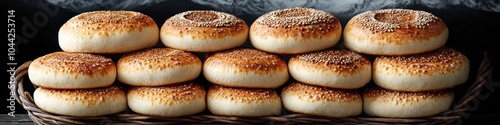 Delicious homemade sesame bagels stacked on wicker basket, freshly baked with golden crust, rustic bakery background, perfect for breakfast and brunch photo