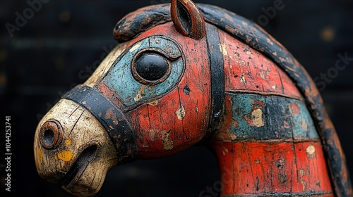 Vintage Wooden Horse Head - Close Up of a Rustic Toy