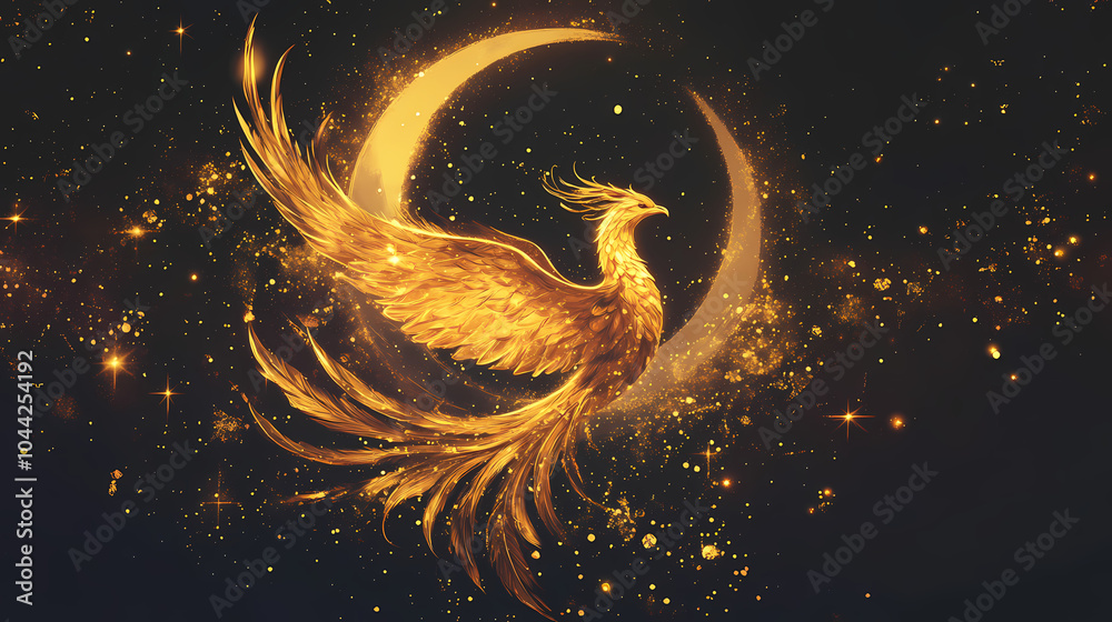 Golden phoenix flying in front of crescent moon and stars on dark background. Golden Phoenix. Illustration Golden phoenix flying in front of crescent moon and stars on dark background. Golden Phoenix. Illustration