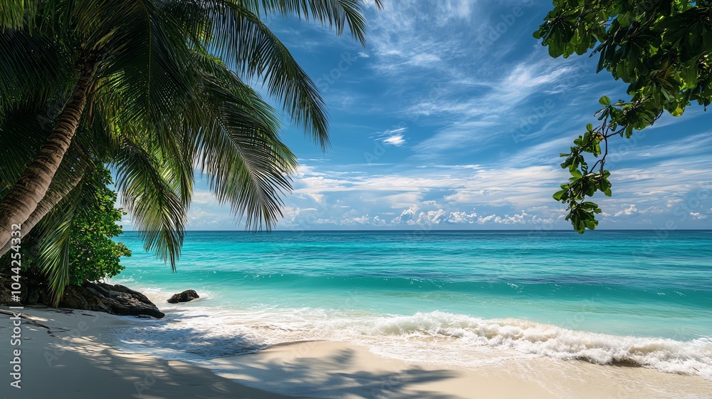 Fototapeta premium Tropical beach scene with palm trees and turquoise ocean under a bright sky.