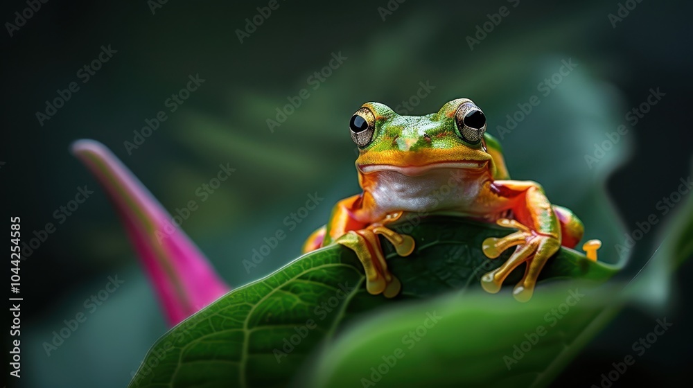 Naklejka premium Tiny Frog Perched on Leaf in Nature