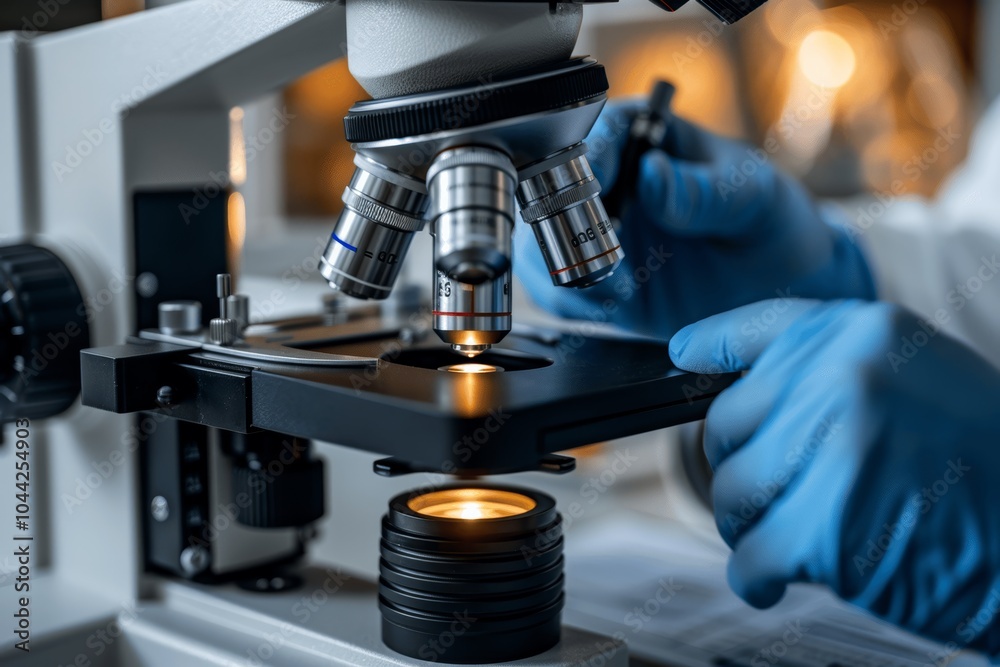 Close-up of scientist with blue gloves working on microscope in laboratory, high resolution photography Close-up of scientist with blue gloves working on microscope in laboratory, high resolution photography