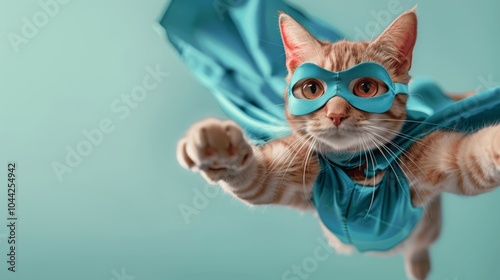 Flying superhero cat in blue costume with mask and cape