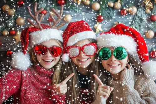 A holiday party photo booth with Christmas props like Santa hats, reindeer antlers, and festive backdrops