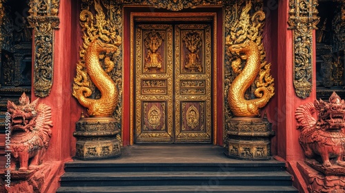 Intricate Temple Entrance with Golden Details