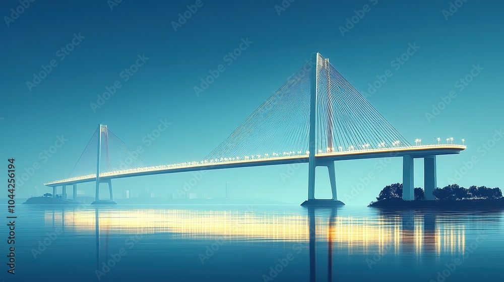 A Modern Suspension Bridge Spanning a Calm Body of Water at Dusk A Modern Suspension Bridge Spanning a Calm Body of Water at Dusk