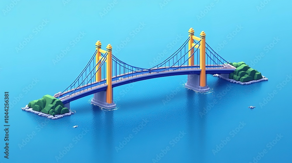 Fototapeta premium Low-Poly Suspension Bridge Over Blue Water