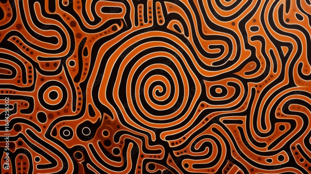An Aboriginal dot painting pattern of an orange and brown maze An Aboriginal dot painting pattern of an orange and brown maze