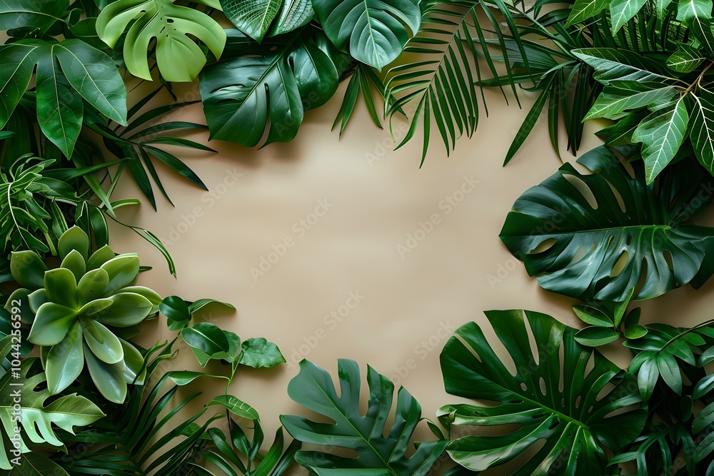 Fototapeta premium A frame made out of tropical plants on a beige background